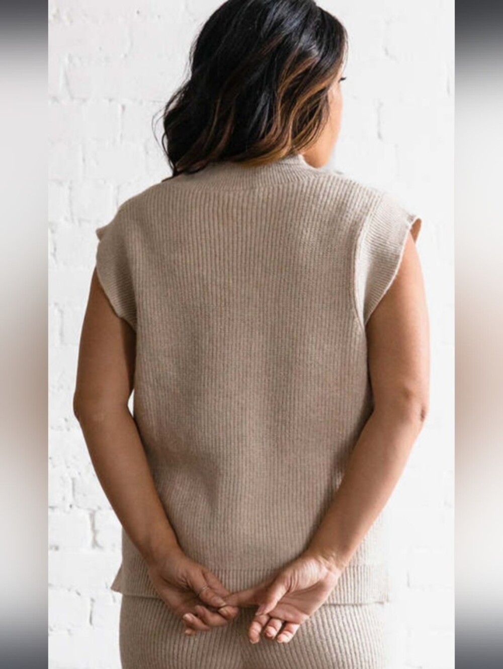 Sleeveless V-Neck Knit Sweater Vest in Beige.Pit To Pit 20" - Picture 2 of 6